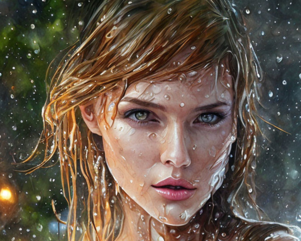 Woman with wet hair and intense gaze in digital painting.