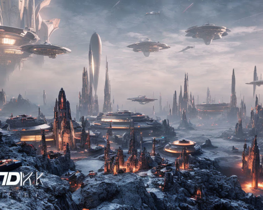 Futuristic cityscape with towering spires and volcanic terrain