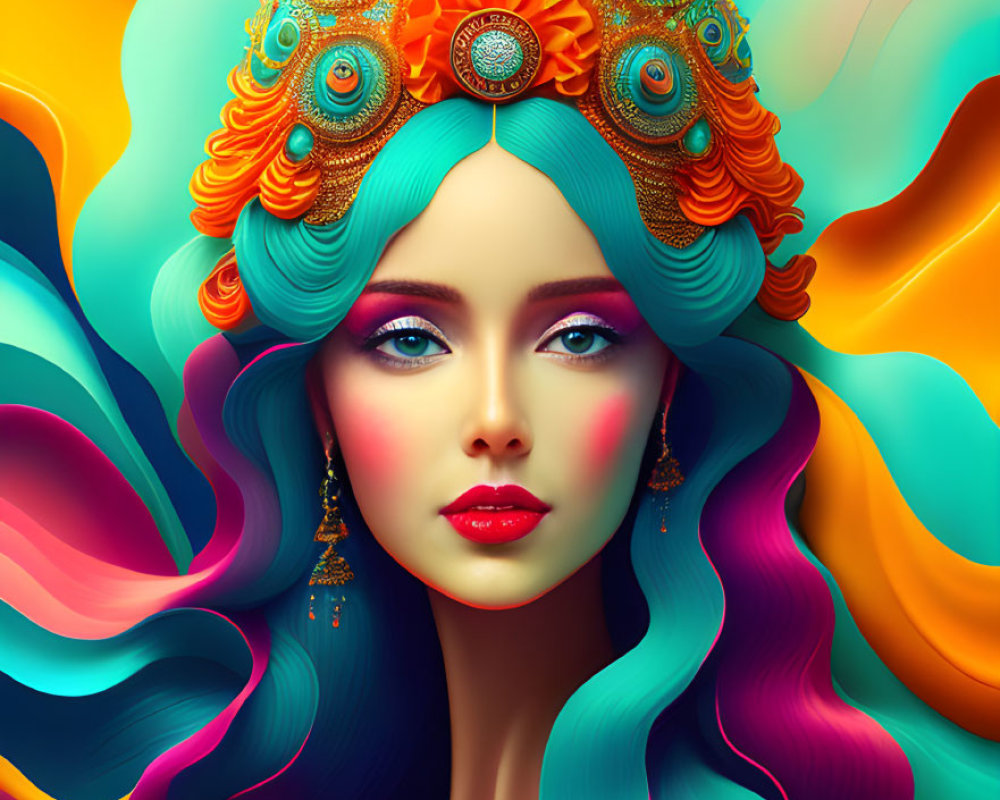 Colorful Illustration: Woman with Turquoise Hair and Orange Headpiece