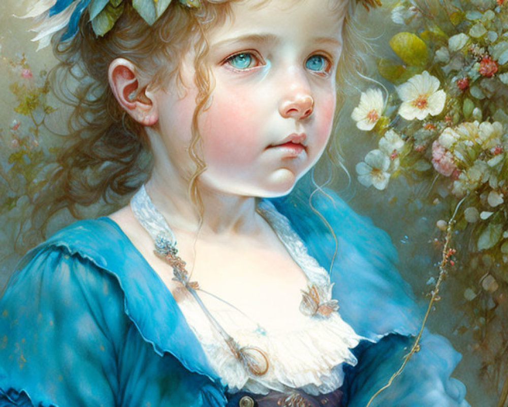 Realistic painting of melancholic young girl in blue dress with blue eyes, floral headpiece, flowers