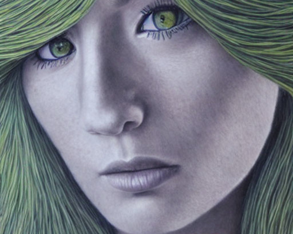 Detailed Hand-Drawn Portrait of Woman with Green Hair and Eyes