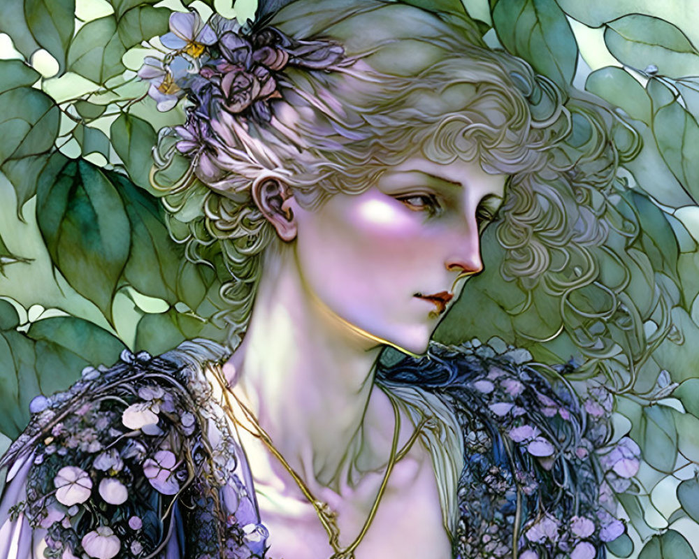 Illustration of ethereal woman with curly hair and floral adornments in decorative dress among lush green leaves