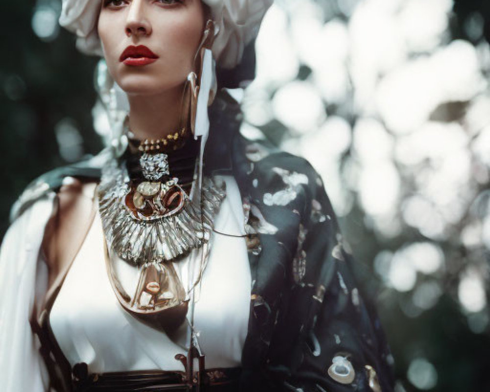 Elaborate White Turban Woman with Dramatic Eye Makeup in Forest Setting