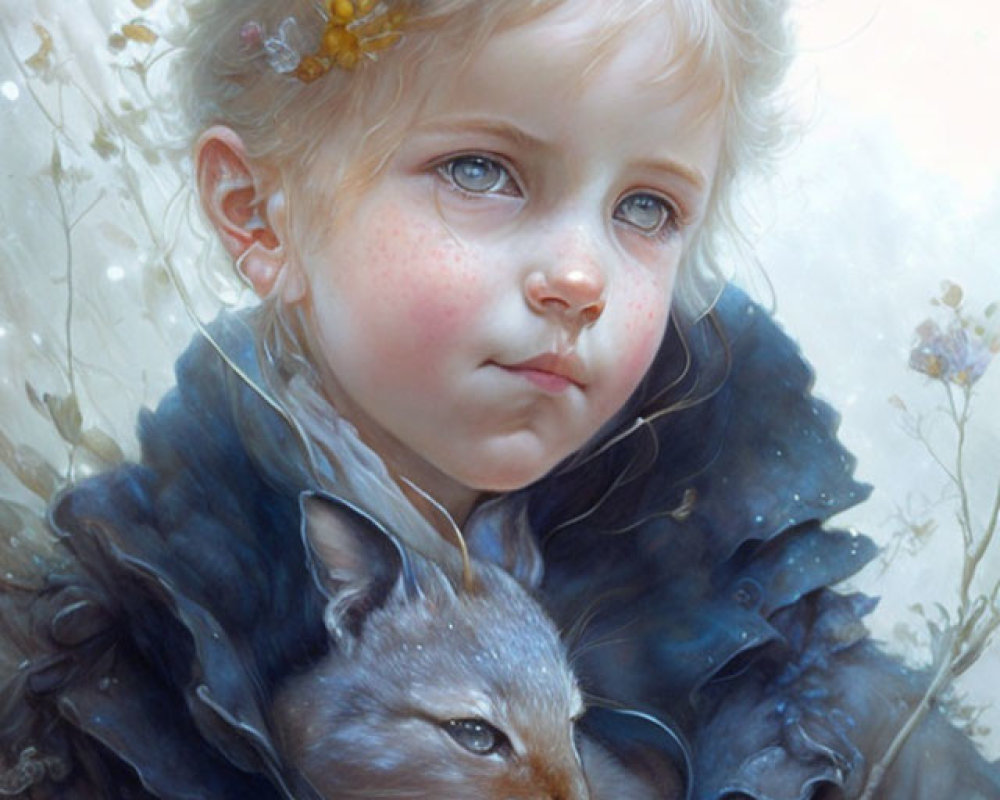 Portrait of young child with fair hair and flowers, holding serene fox against floral backdrop