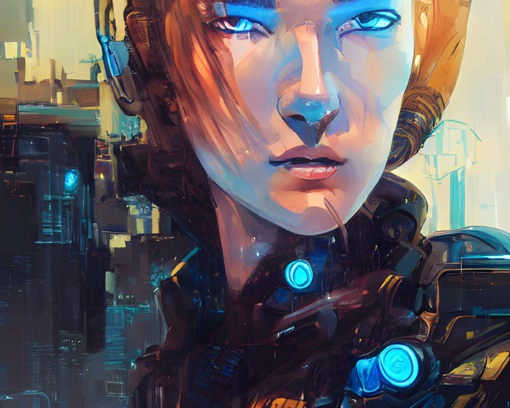 Futuristic soldier digital artwork with blue eyes and glowing armor