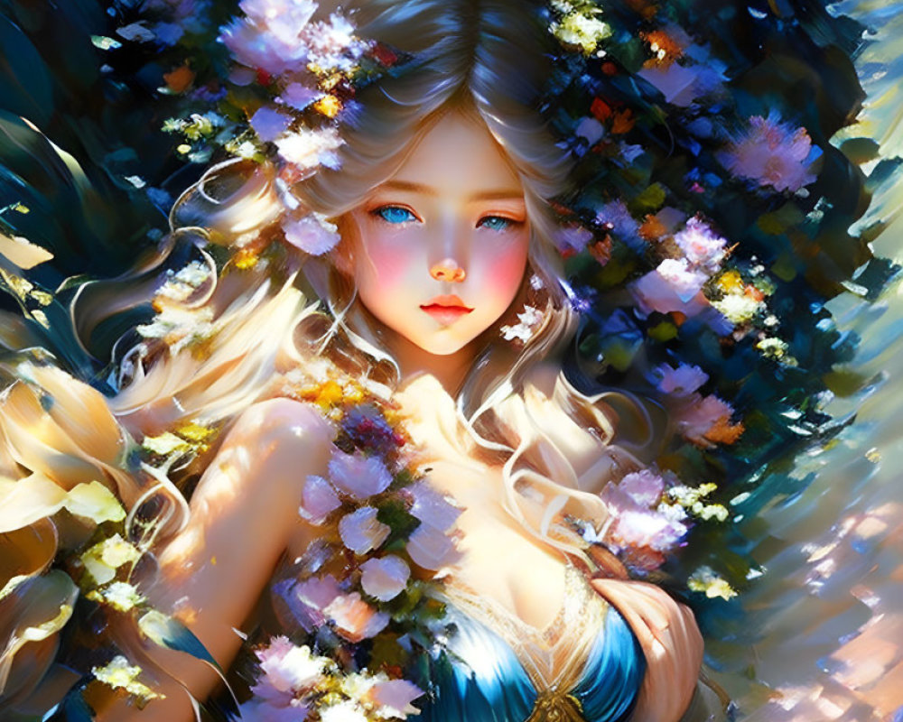 Ethereal animated maiden with golden hair and floral wreath among lush flowers