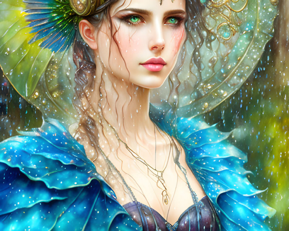 Illustrated woman with blue eyes, peacock feather headdress, and starry gown in snowy scene