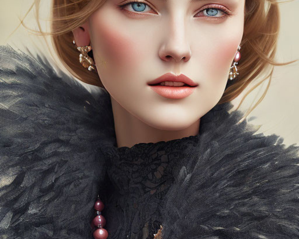 Digital portrait of woman with blue eyes, blonde hair, black feathery garment, pearl necklace