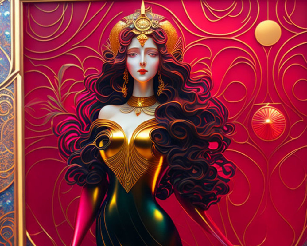 Regal woman with black hair and gold jewelry on ornate red background