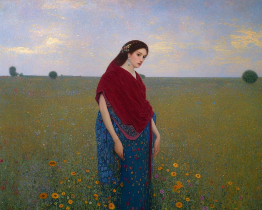 Woman in Red Shawl and Blue Dress in Flower Meadow with Trees