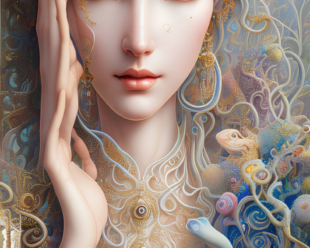 Ethereal female figure adorned with gold jewelry in fantasy setting