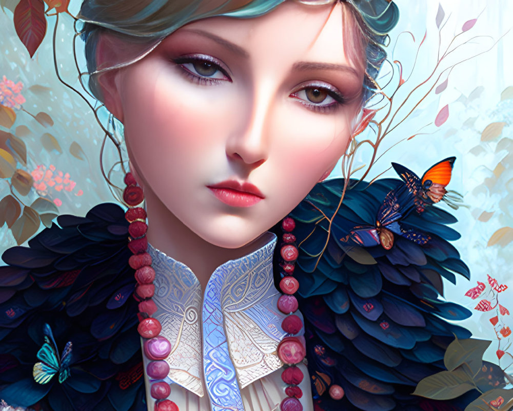 Colorful digital artwork of a woman with multi-colored hair and blue eyes, adorned with butterflies and floral