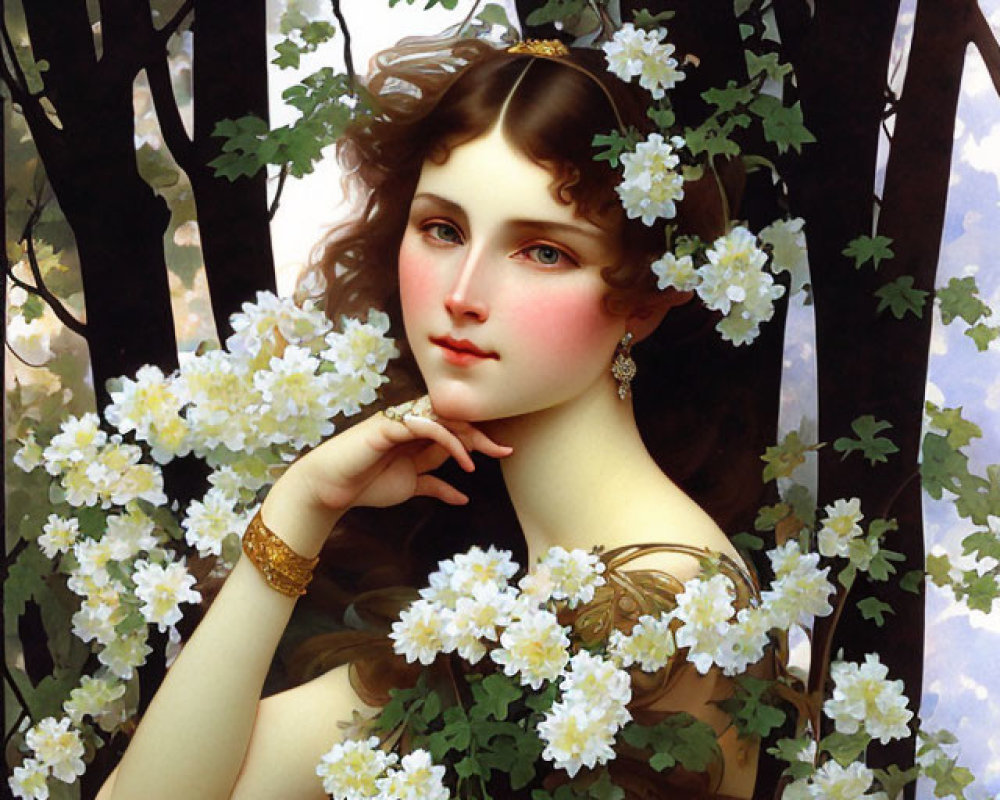 Portrait of Woman with Dark Hair Surrounded by White Blossoms and Trees