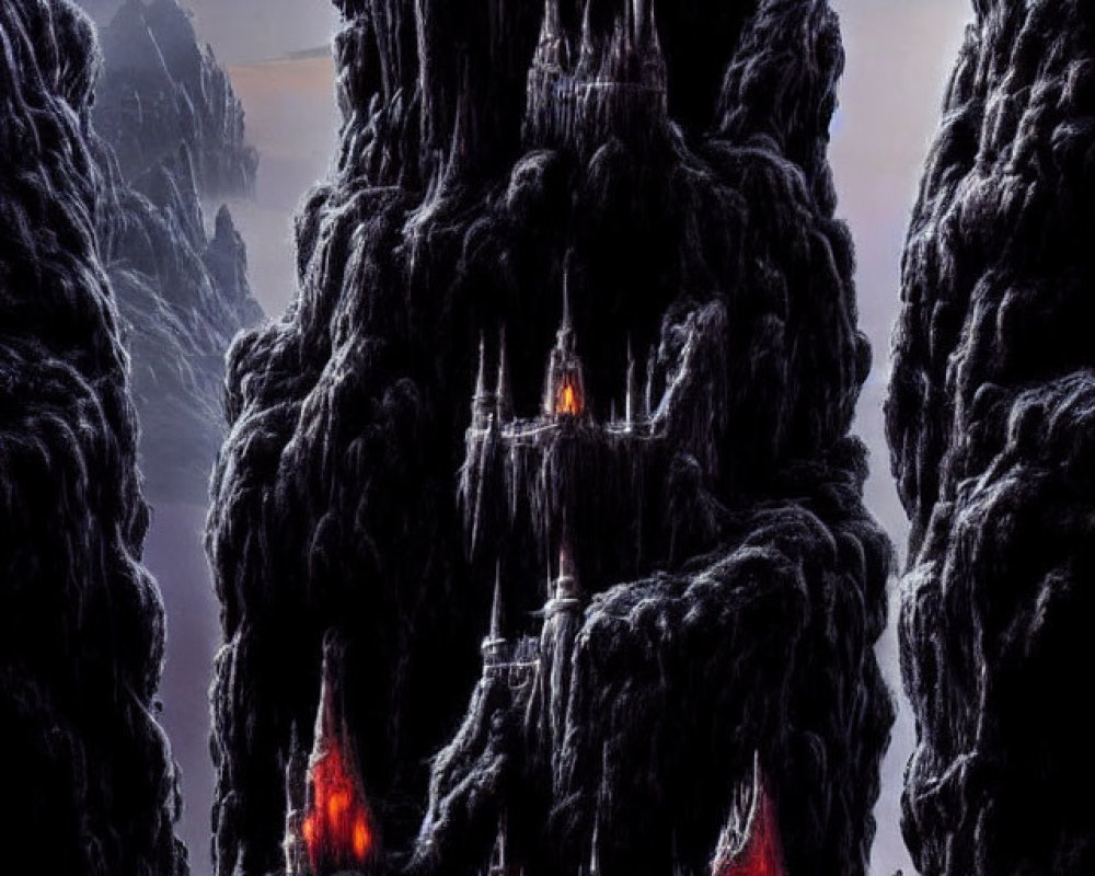 Dark castle on jagged cliffs with red windows in misty landscape