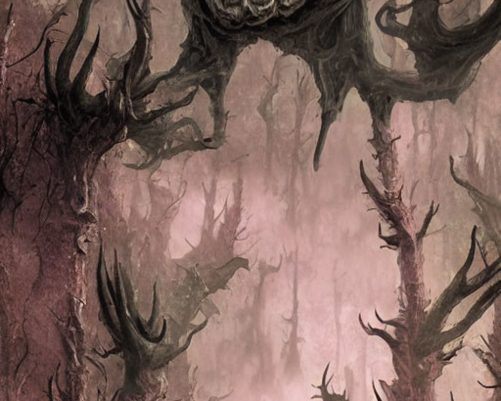 Illustration of fierce creatures in eerie forest scene