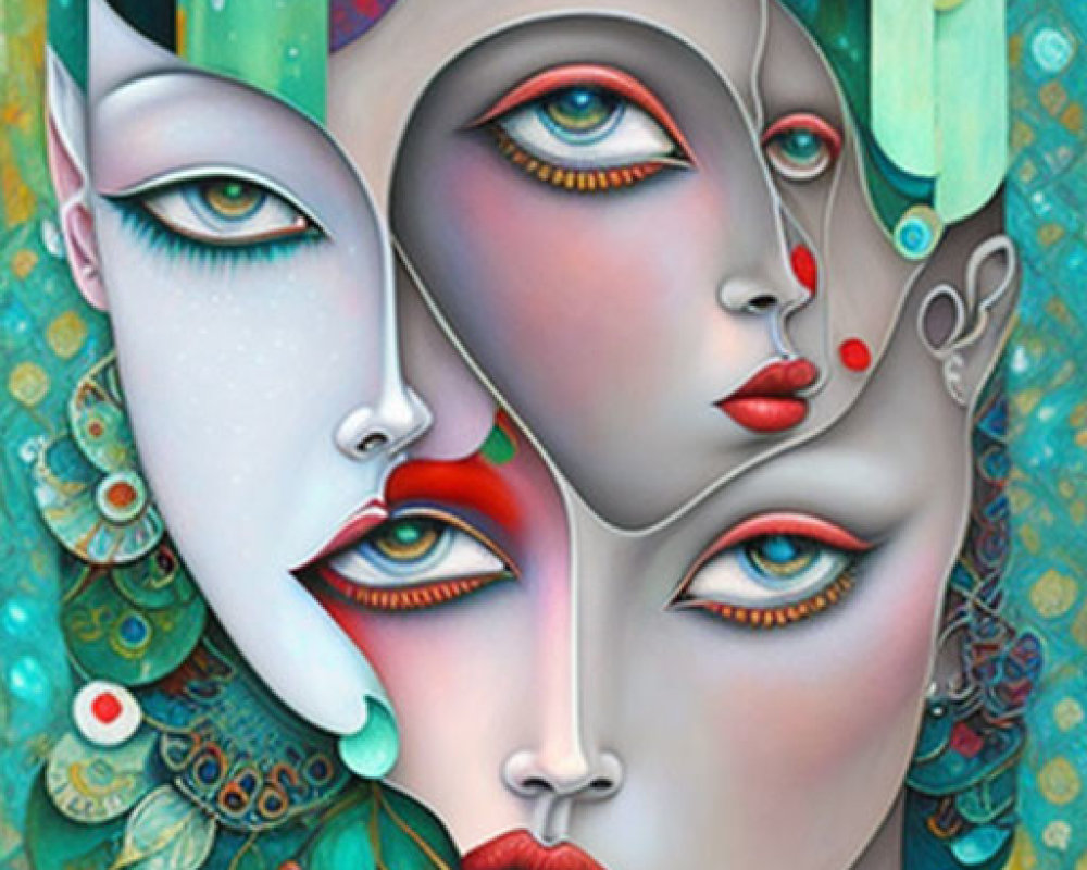 Surreal Art: Three Female Faces Merged in Vibrant Patterns and Floral Motifs