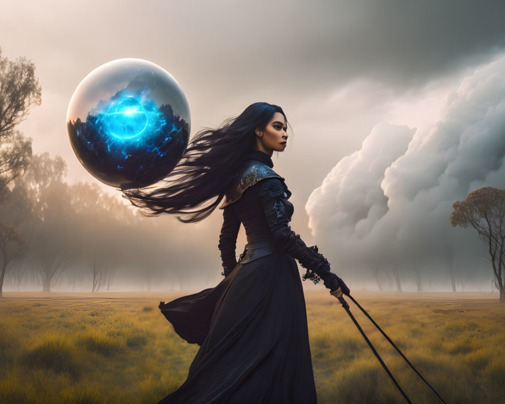 Mysterious woman in black dress with glowing staff in misty field