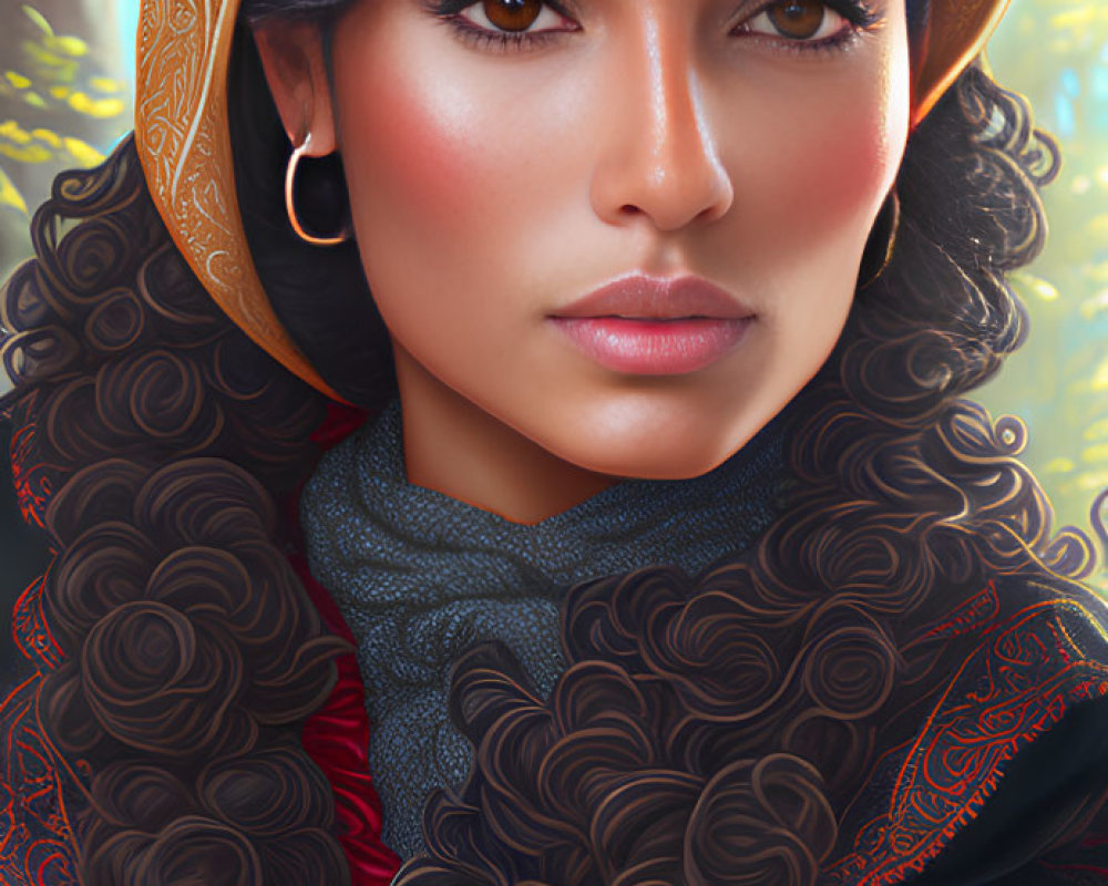 Illustrated woman with dark hair and golden headscarf in forest setting