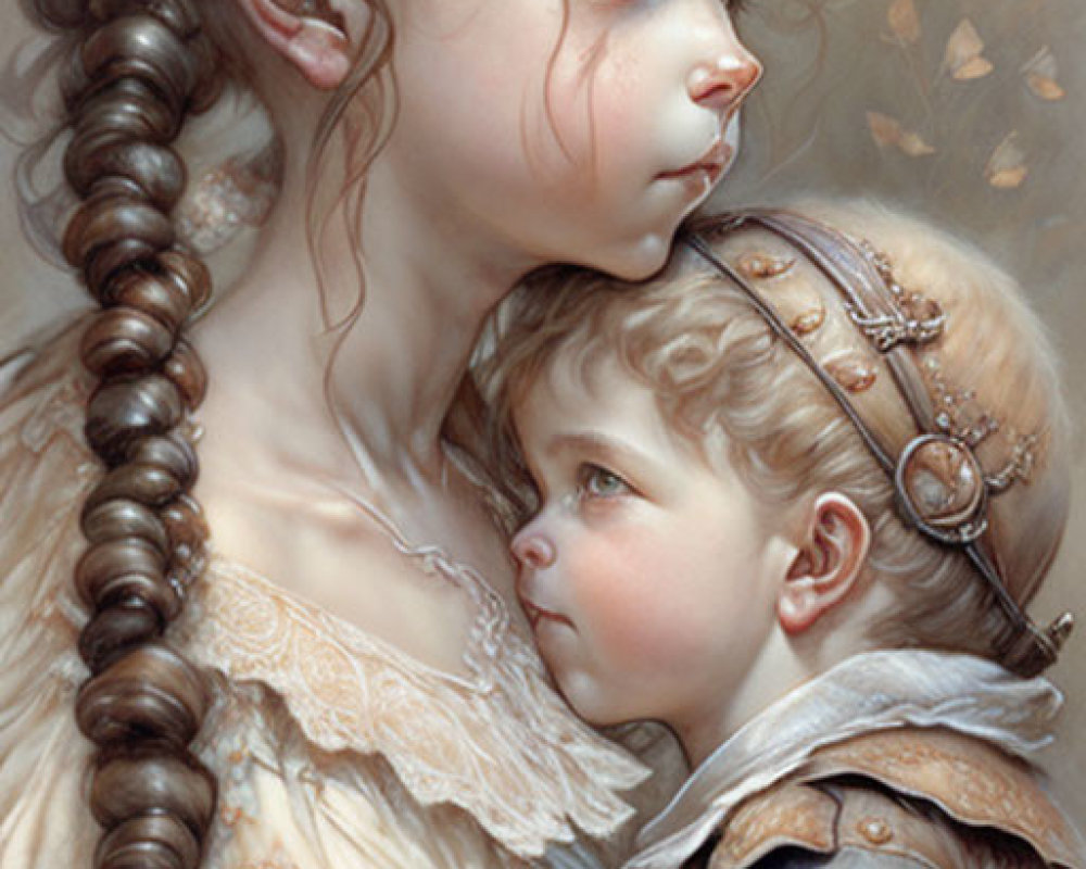 Digital painting: Girl with flower crown and braided hair embracing younger child in vintage attire