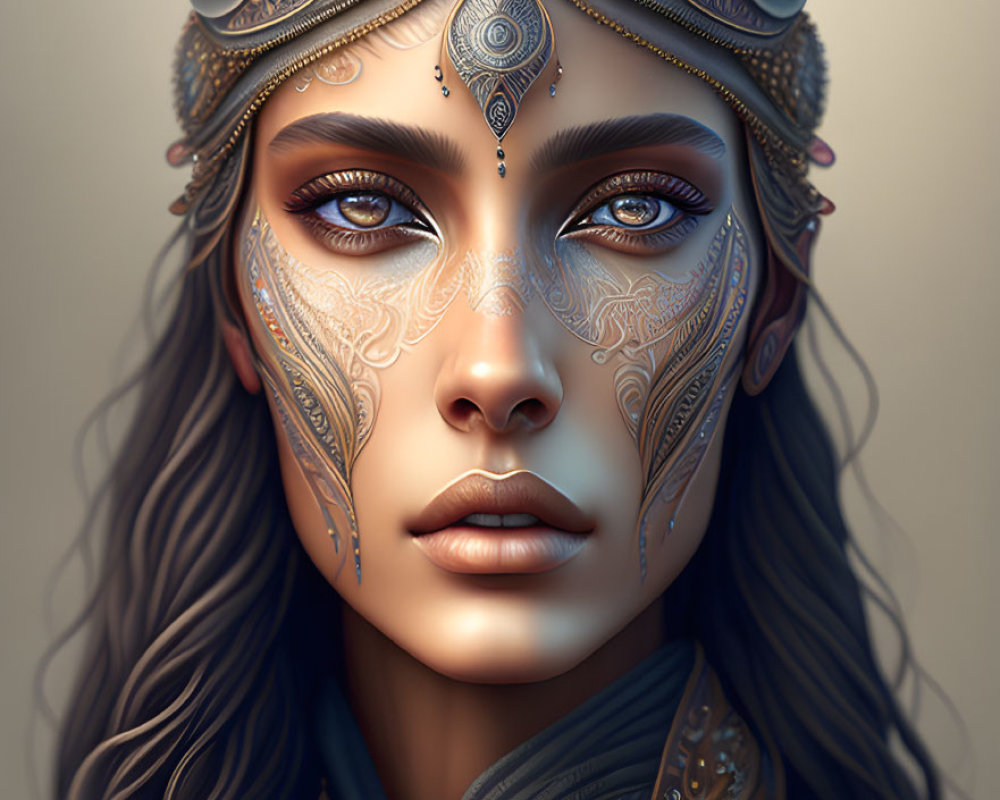 Digital Artwork: Woman with Metallic Face Tattoos & Blue Eyes