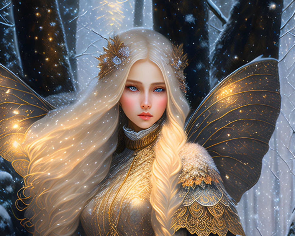 Blonde-haired figure with butterfly wings in snowy forest