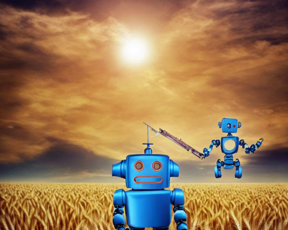 Blue robot and flying companion in golden wheat field at sunset