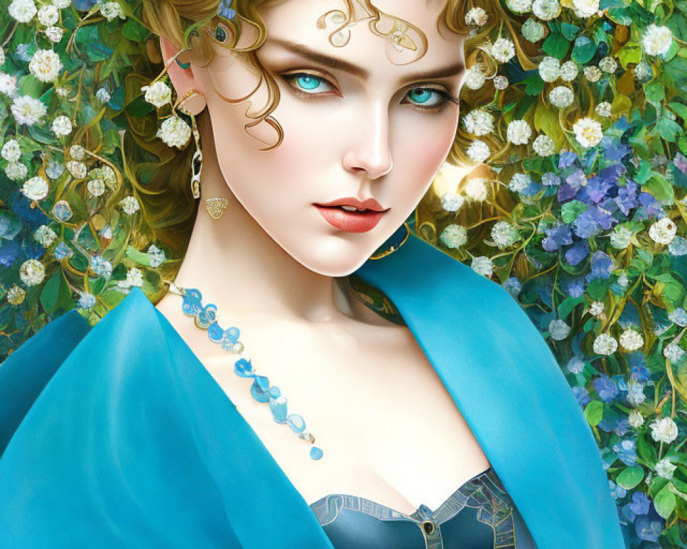 Fantastical woman with golden headpieces, blue eyes, and vibrant flowers.