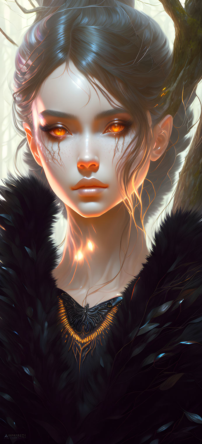 Fantasy woman digital portrait with glowing amber eyes and dark fur collar