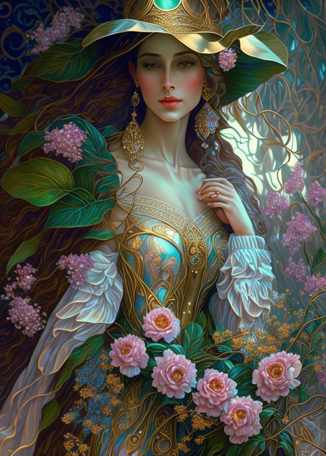 Detailed digital portrait of woman with golden hat and jewelry in lush floral setting