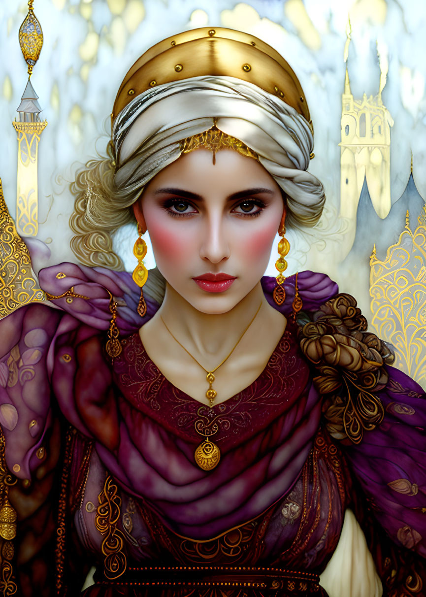 Regal woman portrait with golden headpiece and purple shawl