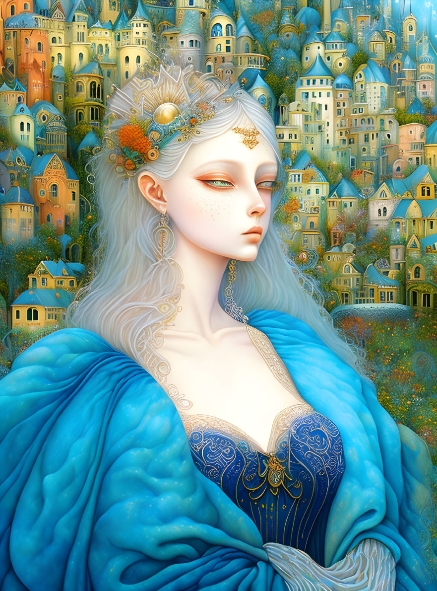 Ethereal woman with white hair in blue cloak among colorful houses