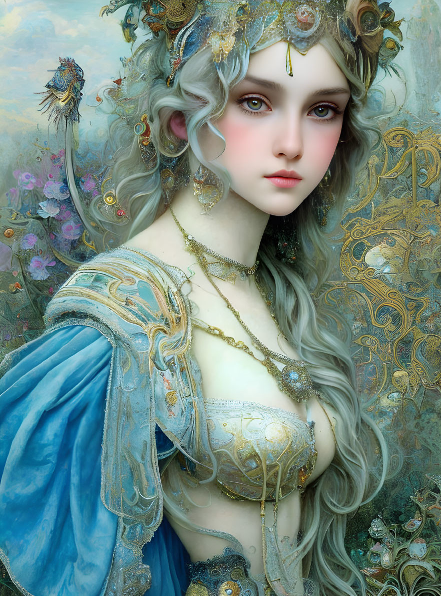 Ethereal female figure in ornate blue and gold costume with golden headpiece on floral backdrop