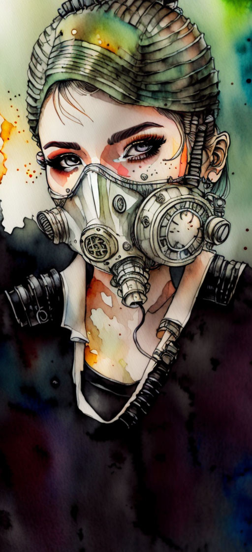 Woman in Gas Mask Amid Abstract Watercolor Splashes