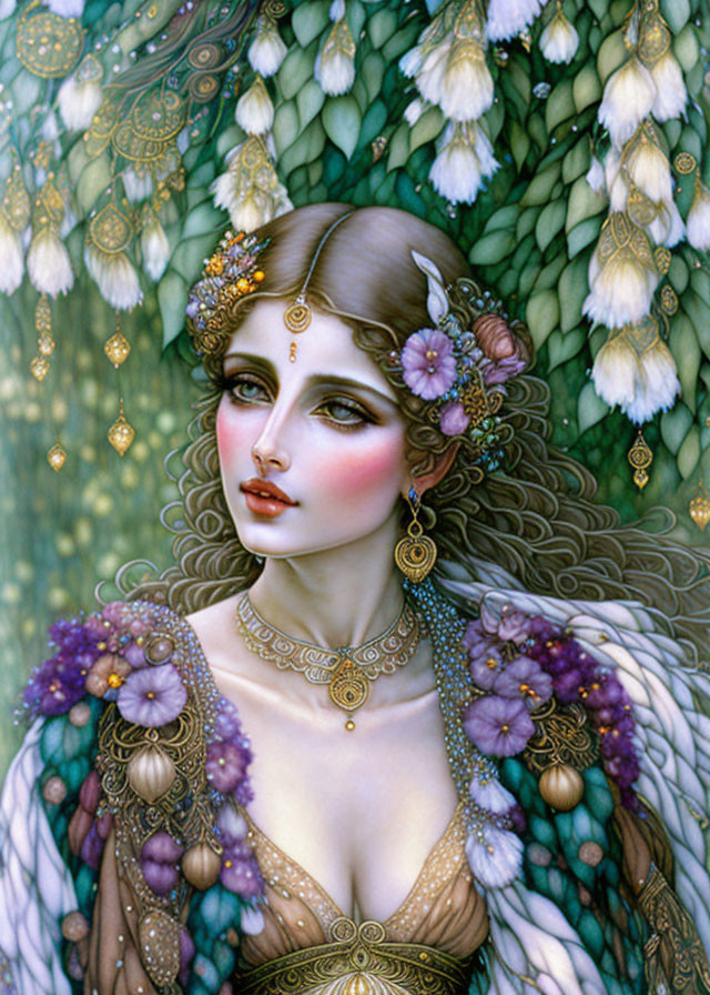 Detailed Illustration: Woman with Ornate Jewelry, Feathers, and Purple Flowers