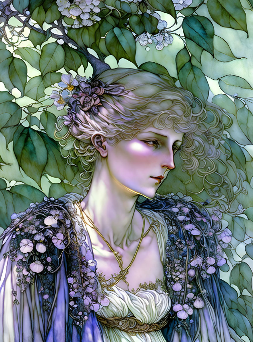 Illustration of ethereal woman with curly hair and floral adornments in decorative dress among lush green leaves