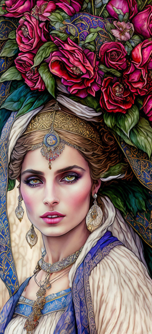 Illustrated woman with headscarf and jewelry among vibrant roses