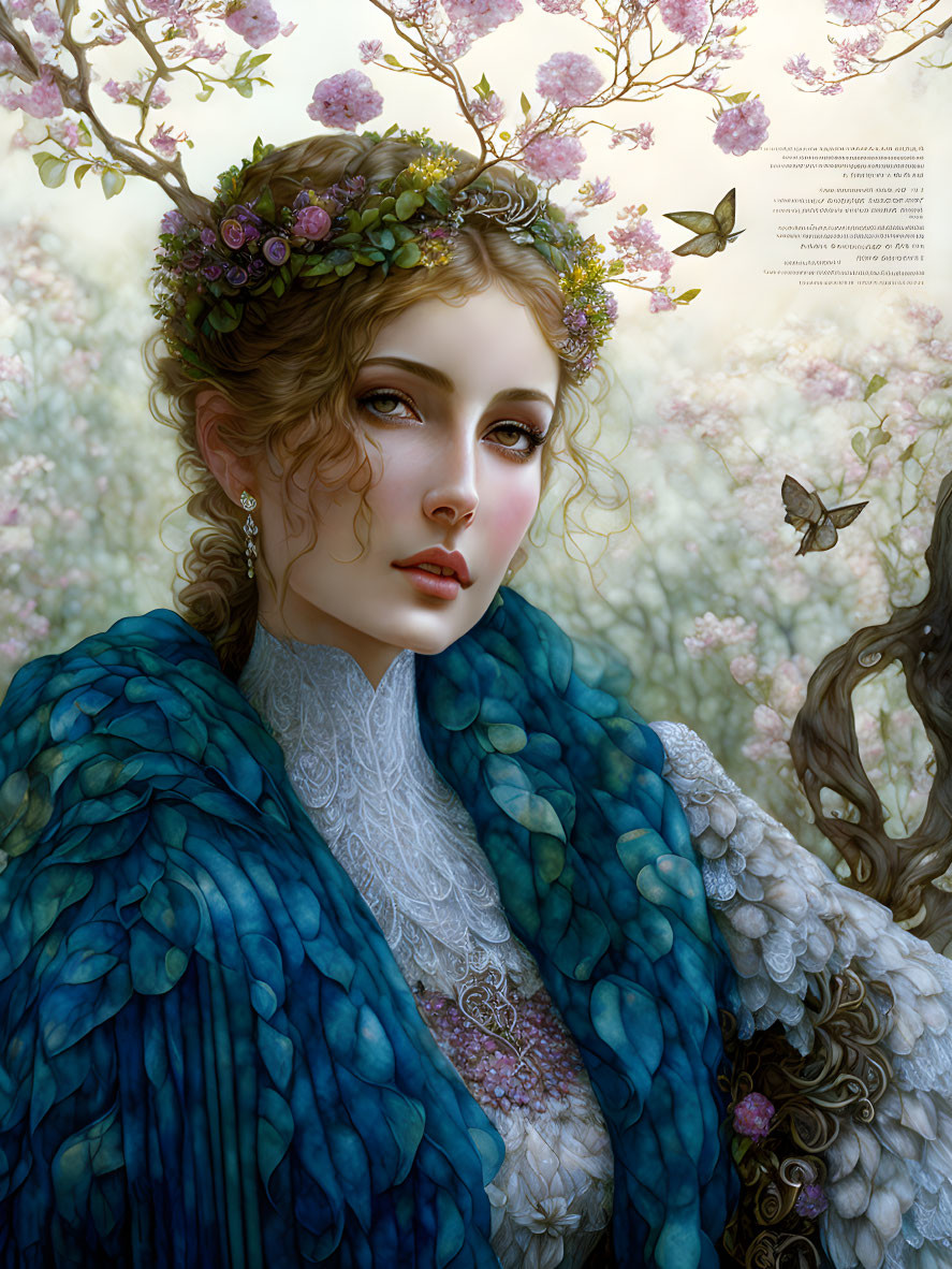 Digital painting: Woman in floral crown, blue feathered cloak, surrounded by blossoms and butterfly