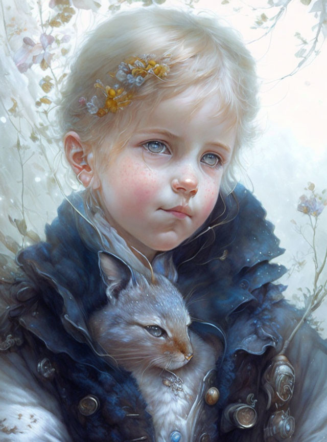 Portrait of young child with fair hair and flowers, holding serene fox against floral backdrop