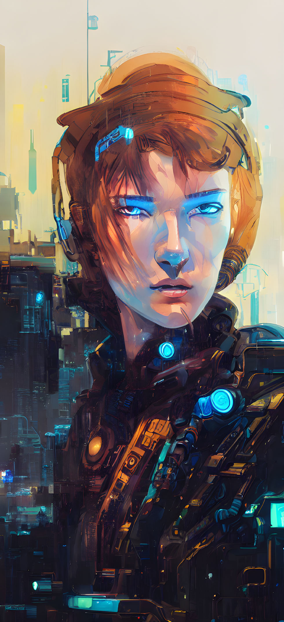 Futuristic soldier digital artwork with blue eyes and glowing armor