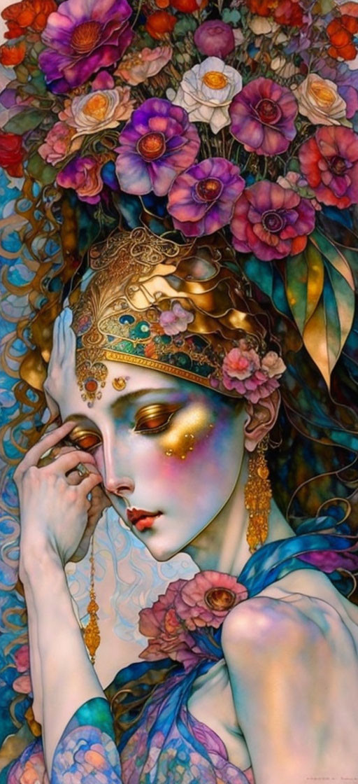 Ethereal woman with floral crown and golden headpiece among lush flowers