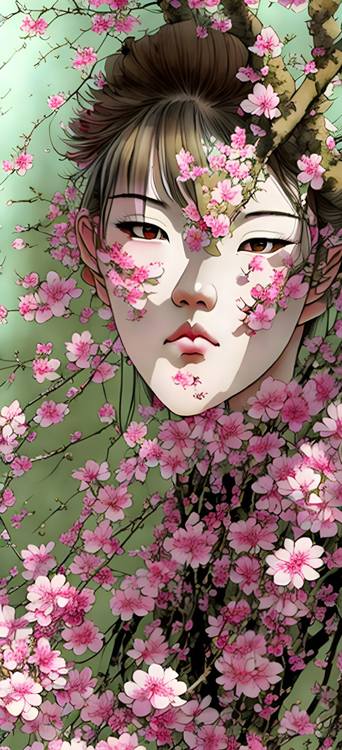 Person with intricate face paint amidst blooming pink flowers and cherry blossoms