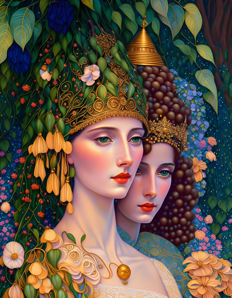 Stylized figures with elaborate headdresses in vibrant fruit and floral backdrop