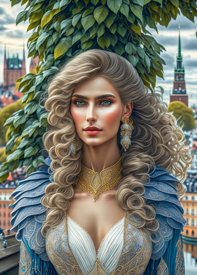 Detailed Illustration: Woman with Blonde Hair in Blue-Feathered Garment & Cityscape Background