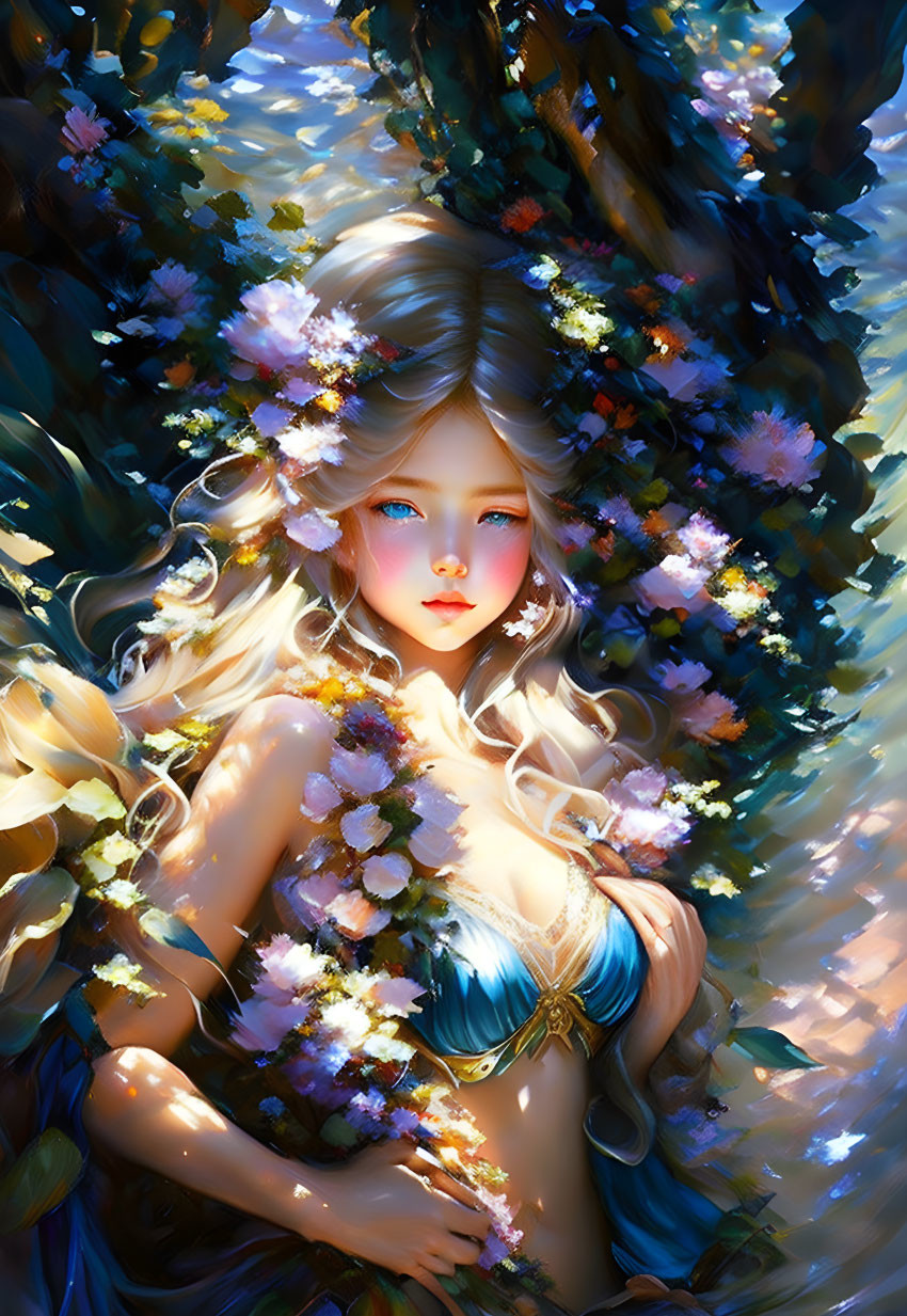 Ethereal animated maiden with golden hair and floral wreath among lush flowers