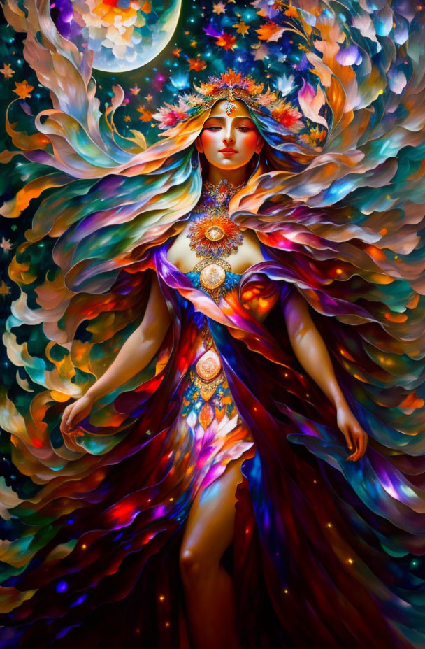 Colorful Ethereal Figure with Jeweled Headpiece and Flowing Cloak