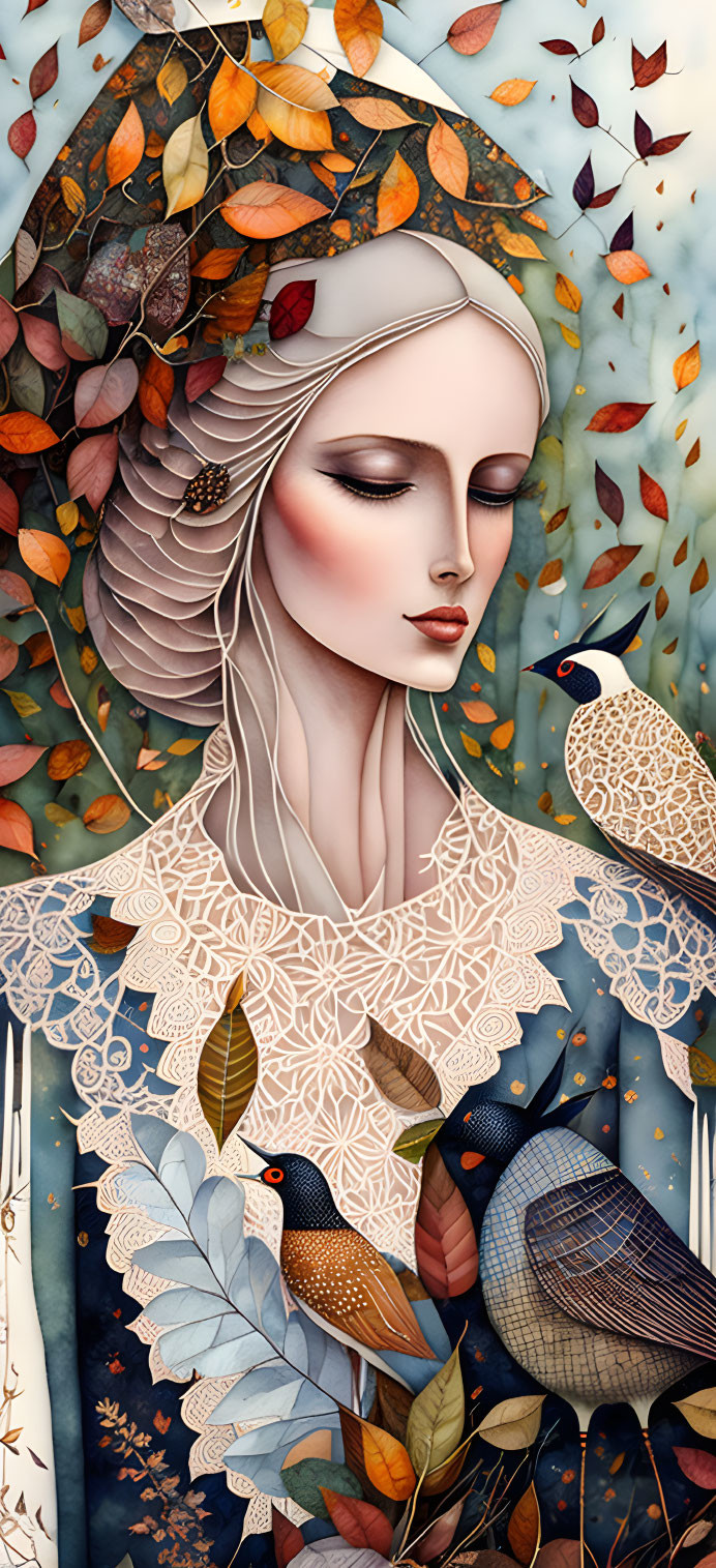 Artwork of elegant woman with stylized birds and autumn leaves in nature-inspired composition.