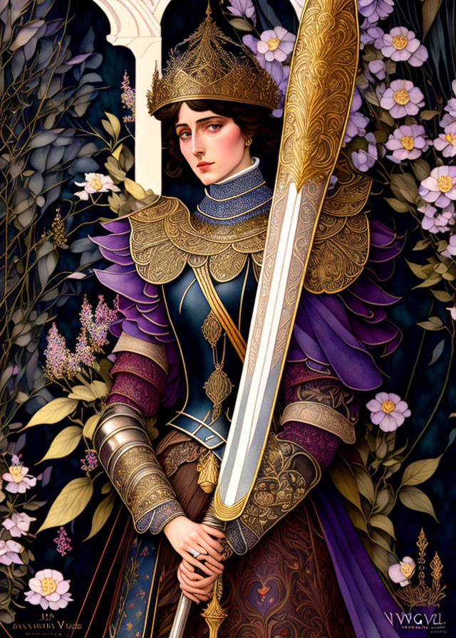 Regal figure in ornate armor with large sword in front of Gothic windows and blooming vines