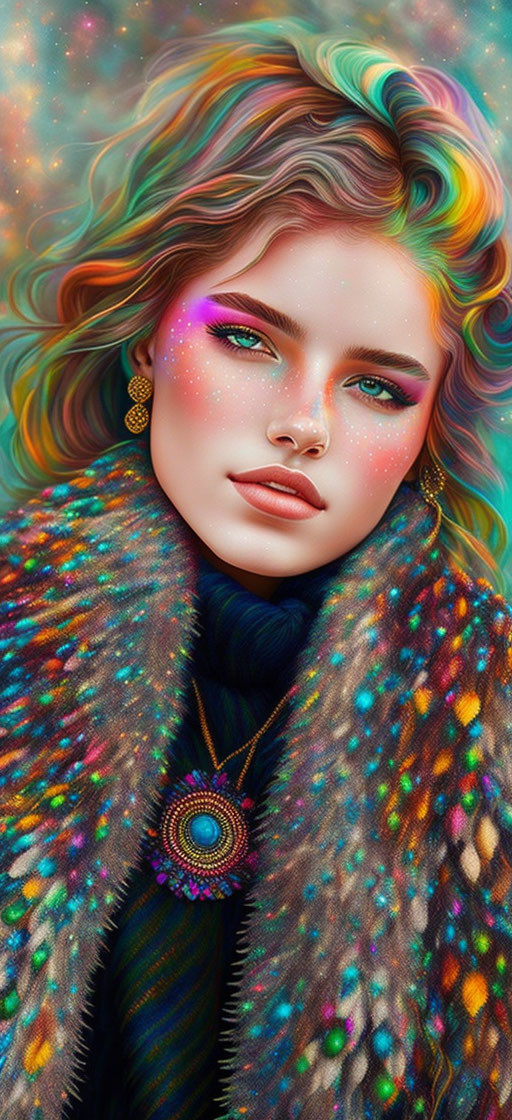 Colorful digital portrait: multicolored hair, sparkling makeup, fur coat, vibrant pendant