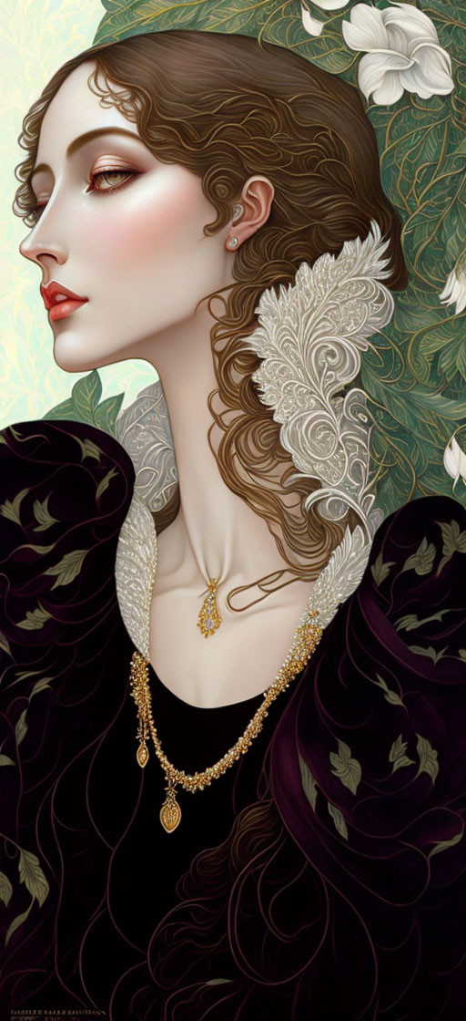 Woman's side profile with feather collar, golden jewelry, and green floral backdrop