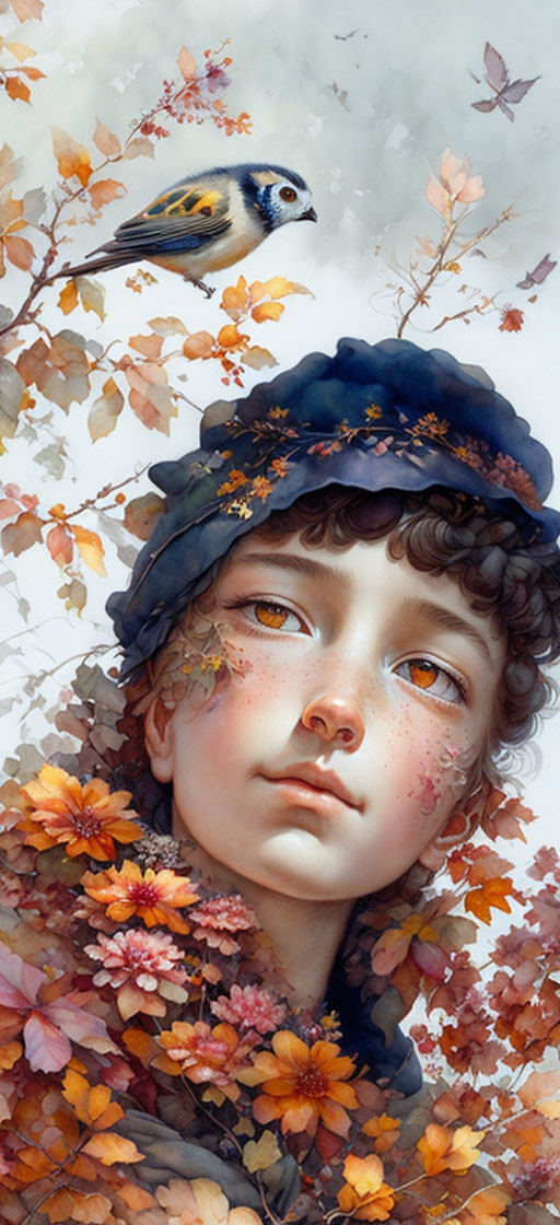 Child portrait surrounded by autumn leaves and bird: a blend of realism and fantasy